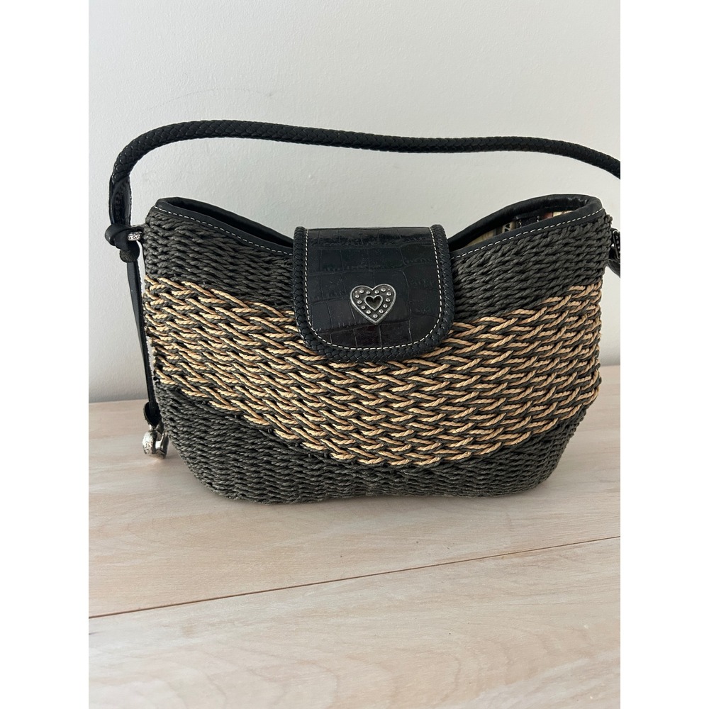 Brighton Straw Shoulder Bag Black Tan Croc Leather Heart Charm Woven BohoHandbag